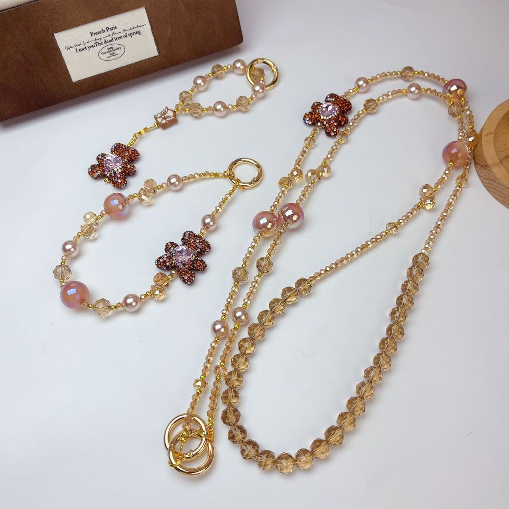 Elegante pulseira para celulares, corrente para celular com strass e ursinho estilo deusa, corrente com contas de crista