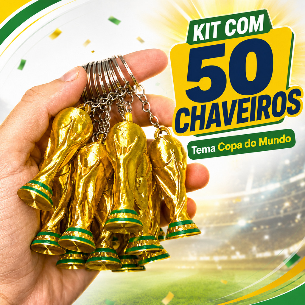 Kit 50 Chaveiros Taça Dourada Futebol Copa Do Mundo Brinde Lembrancinha Festa Evento