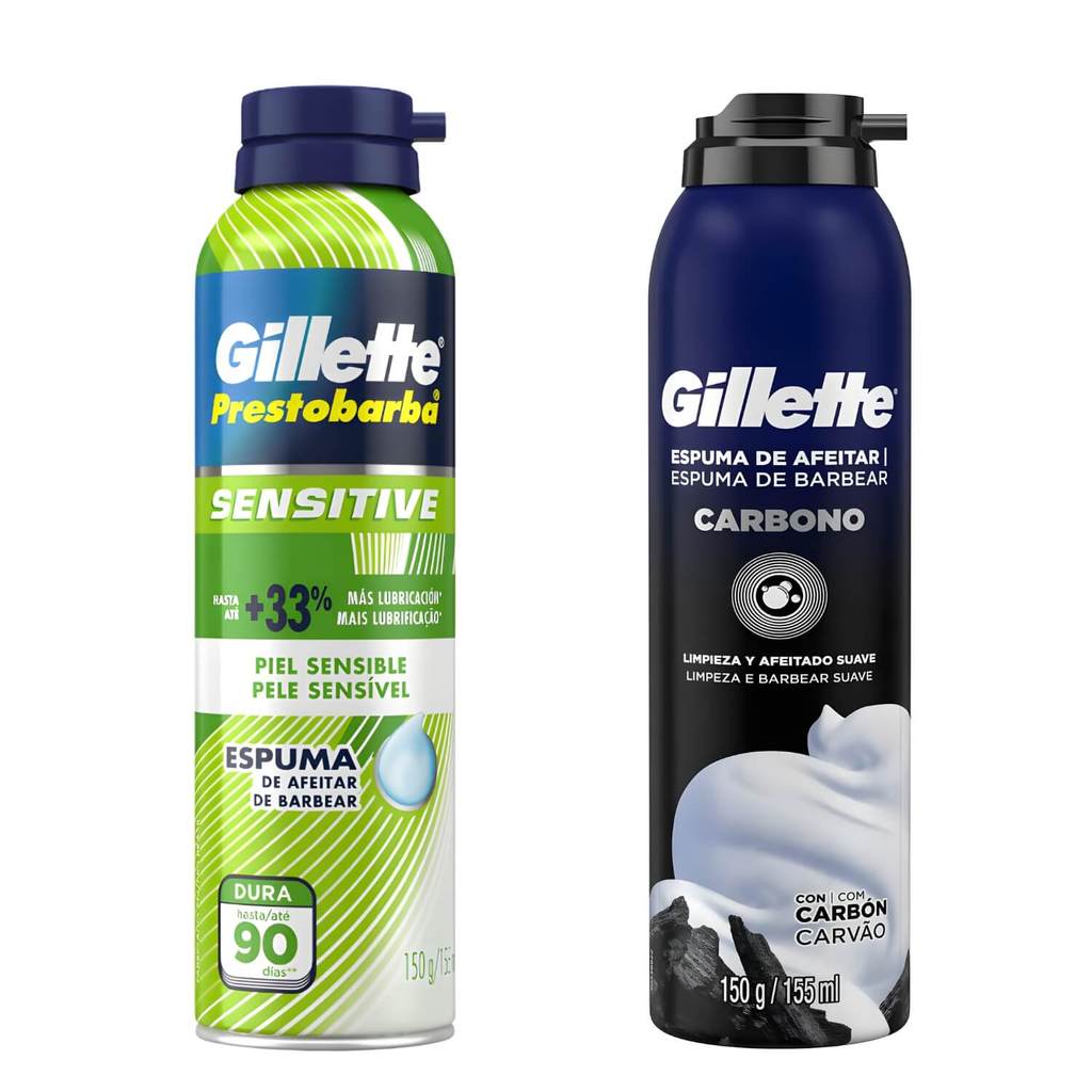 Kit Espuma de Barbear Gillette Prestobarba Sensitive e Carbono Carvão Ativado 150g