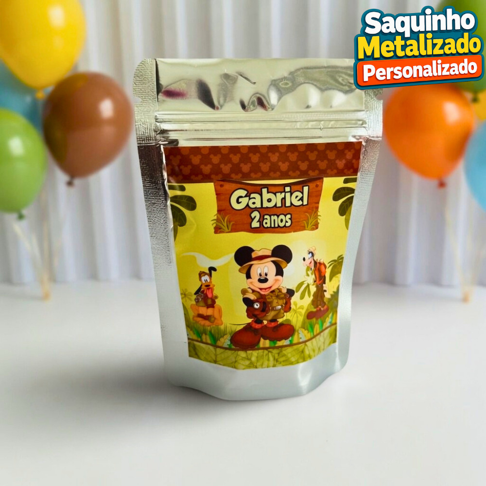 Saquinho Metalizado Mickey Safari Personalizado / Lembrancinha de Festa /Aniversário