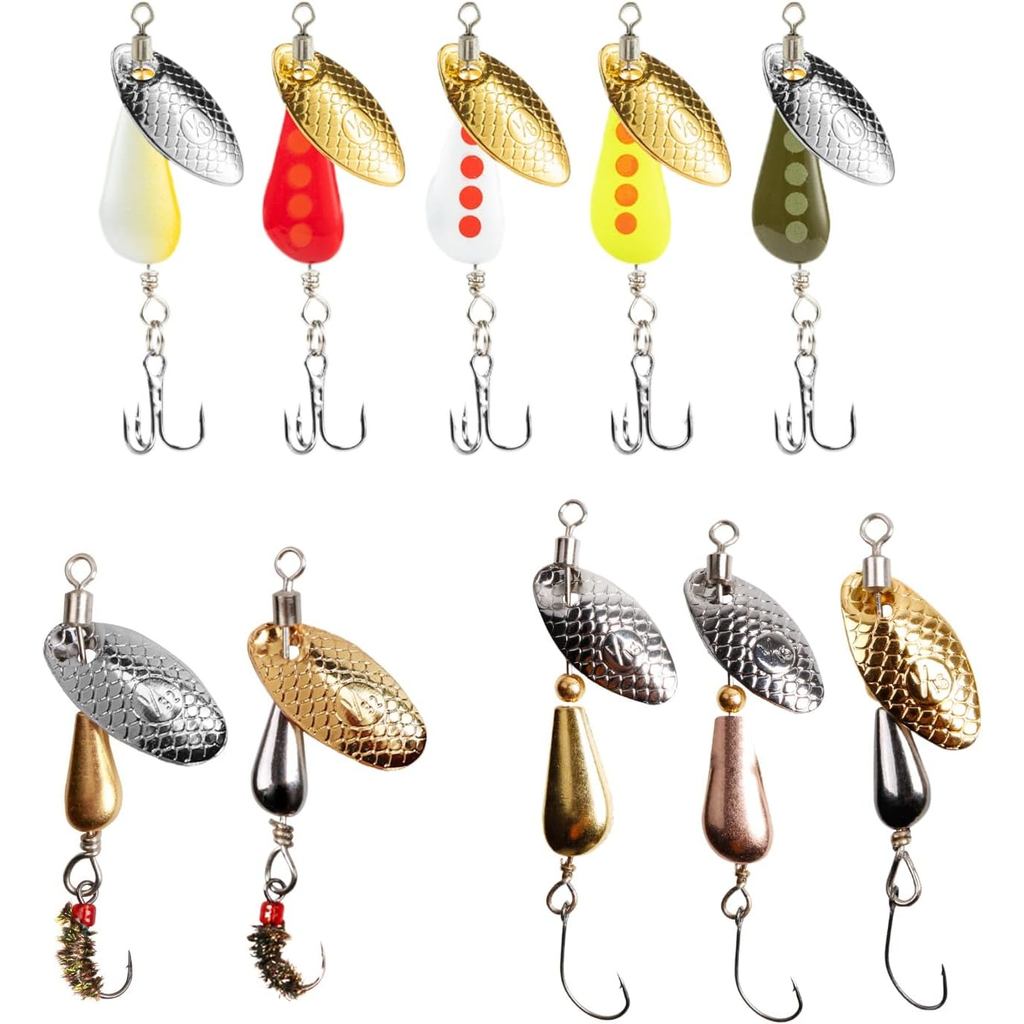 SHIAWASENA Fishing Spinners, 10pcs Trout Fishing Lures Kit, Inline Spinner Baits with Single Hooks &Treble Hooks & Fly H