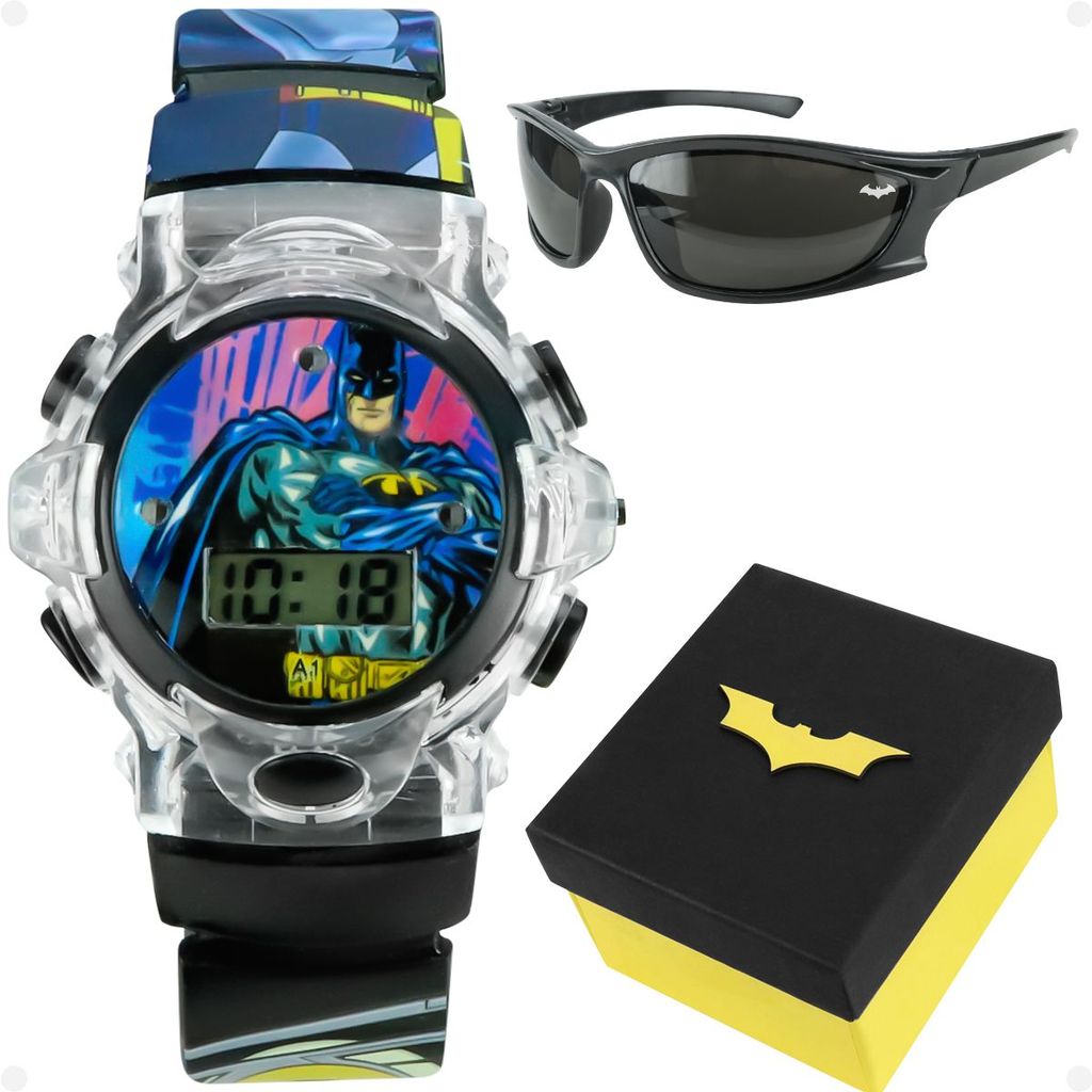 Relogio Preto Batman Infantil Digital + Oculos Sol + Caixa