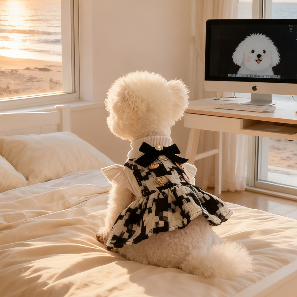 Vestido De Esquema De Cor Preto E Branco De Alta Qualidade Com Botão De Gravata Borboleta , Adequado Para Cães Pequenos