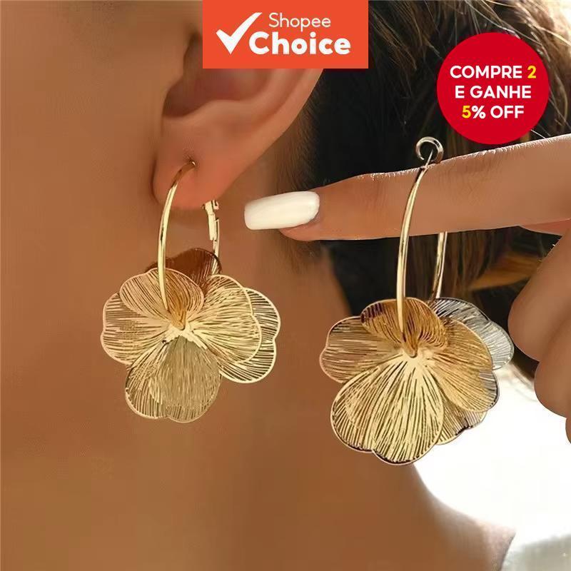 Brincos De Argola Com Flores Douradas E Prateadas Para Mulheres , Joias Exageradas De Luxo