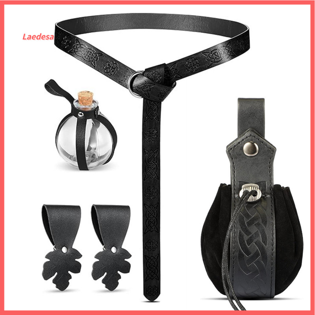 Medieval Belt Cosplay Accessory Renaissance Viking Waist Bag with Potion Bottles Adjustable Faux Leather Halloween Costu