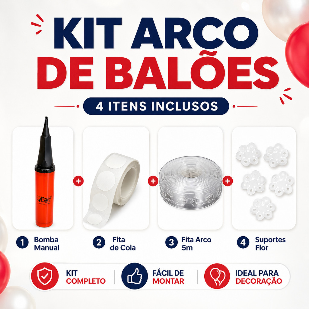 Kit P/ Balões Bomba Manual + Fita Arco Desconstruído + Fita 100 Pontos Cola + 5 Suporte Formato Flor