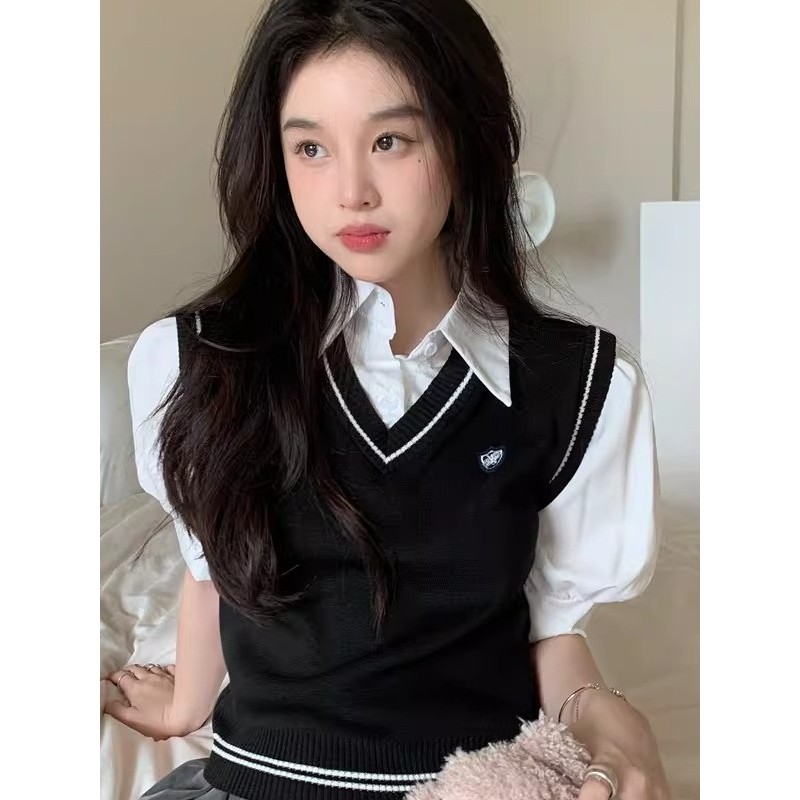 Estilo Preppy de manga curta de malha topo camiseta feminina verão falso colete de duas peças camisa gola Polo preto fre