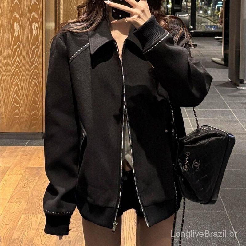Jaqueta feminina preta estilo baseball em estilo retrô americano, casaco casual versátil para a primavera, ideal para es