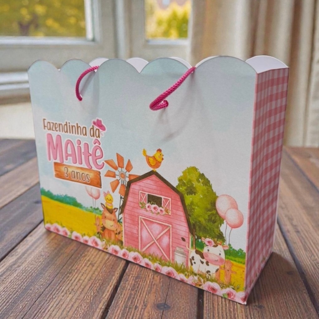 10 Sacolinhas Fazendinha Rosa Personalizadas – Lembrancinha Festa Infantil G (20x16x6)