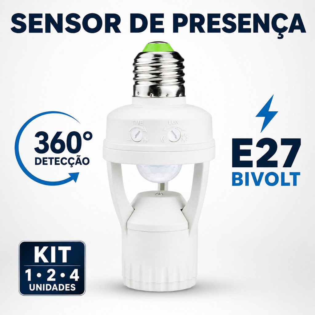 Kit Sensor de Presença E27 360° Bivolt Detector de Movimento Automático para Lâmpada Dia Noite Garagem Corredor Escada