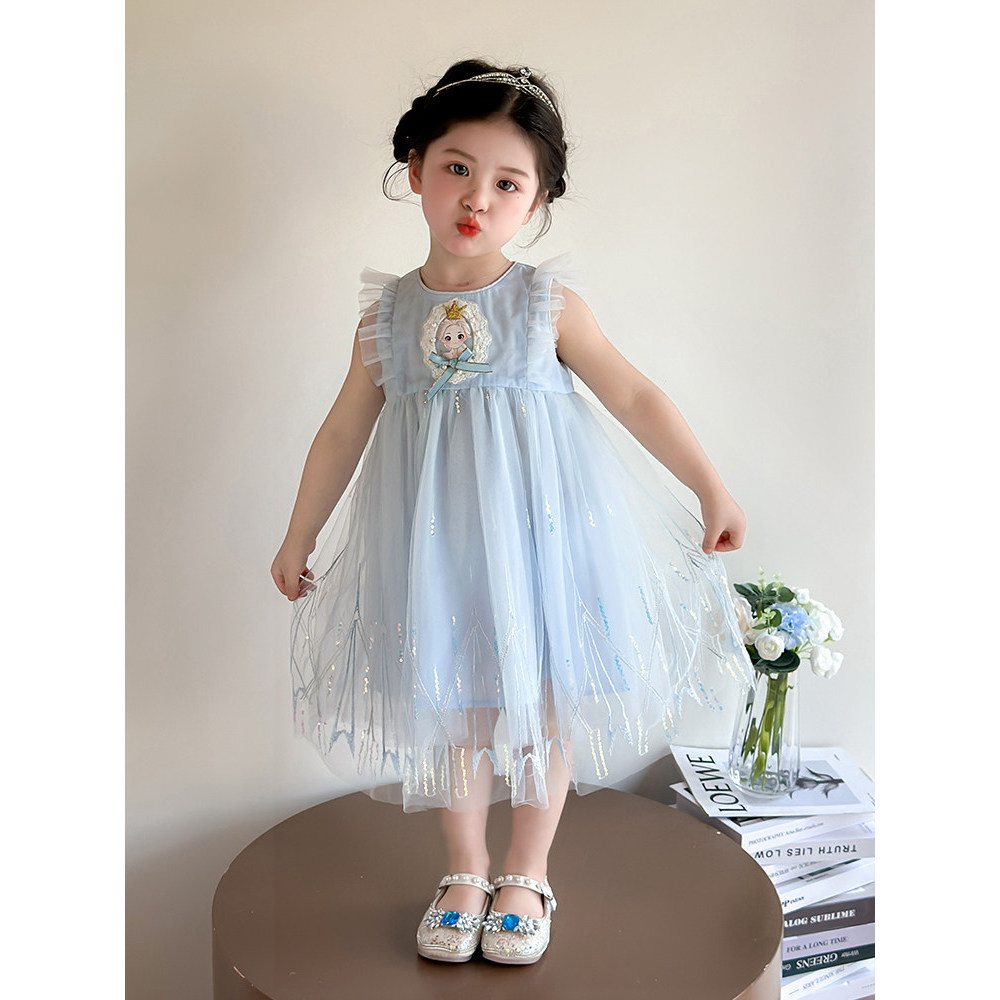 Novo produto pronto estoque meninas elsa vestido verão 2026 crianças sem mangas congelado vestido de princesa Net gaze v