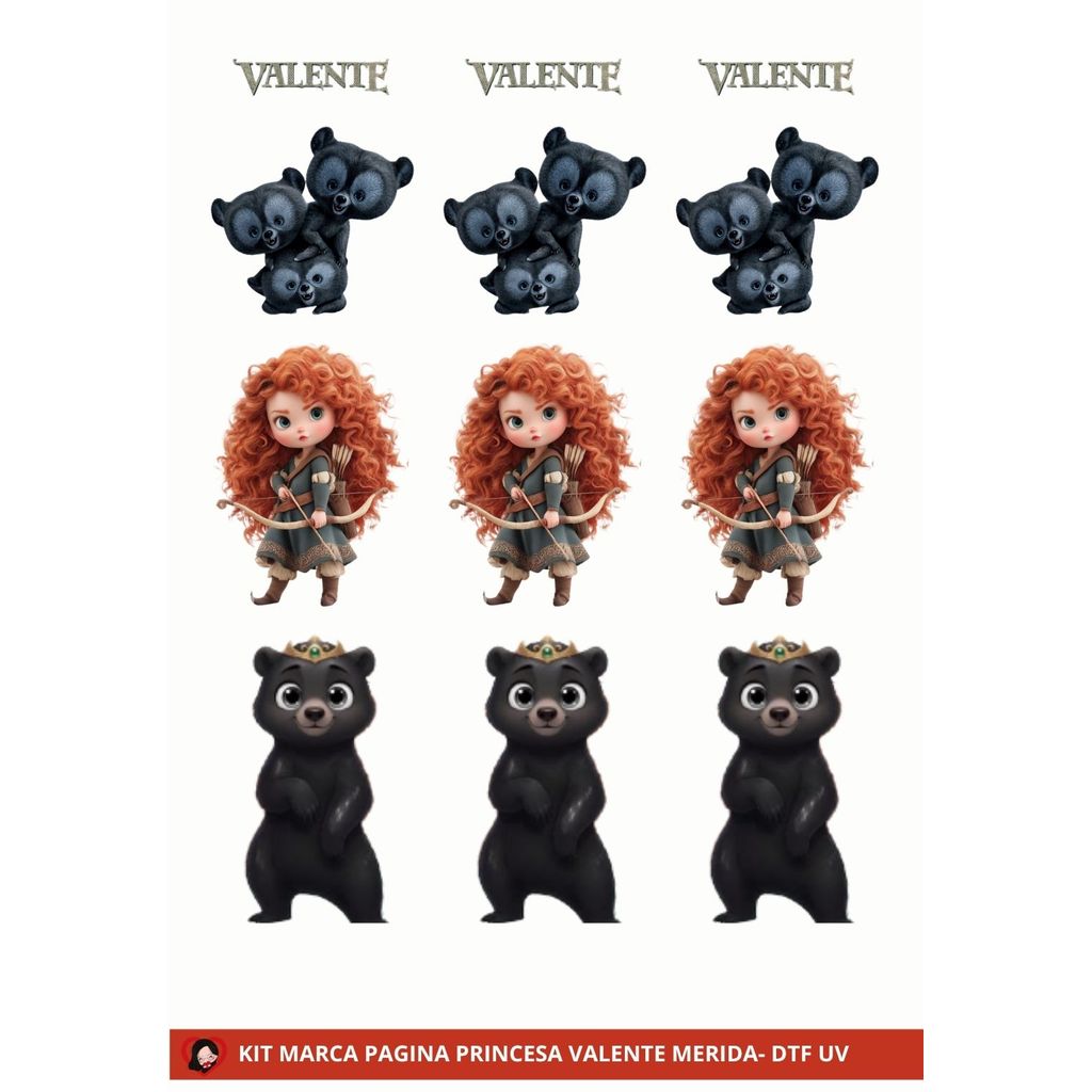 ADESIVO DTF UV KIT MARCA PAGINA PRINCESA VALENTE MERIDA 3 UNIDADES PARA APLICAR 12x2,5