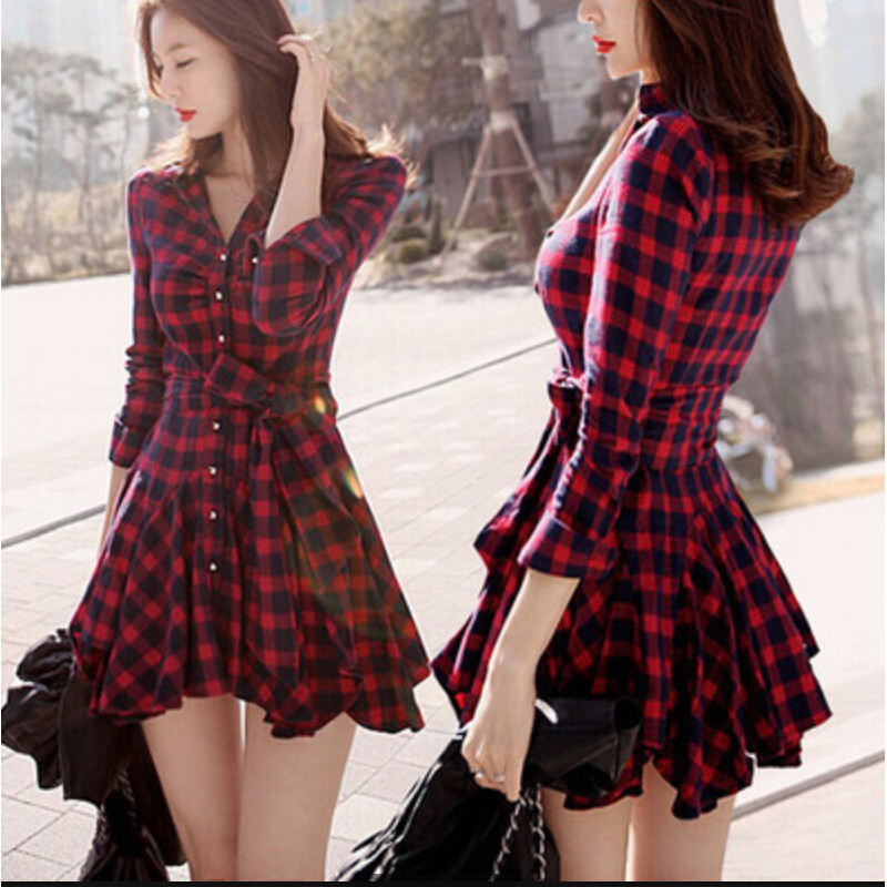 Vestido De Verão 2016 Retrô Feminino Camisa Xadrez Vermelha Vestidos Casuais