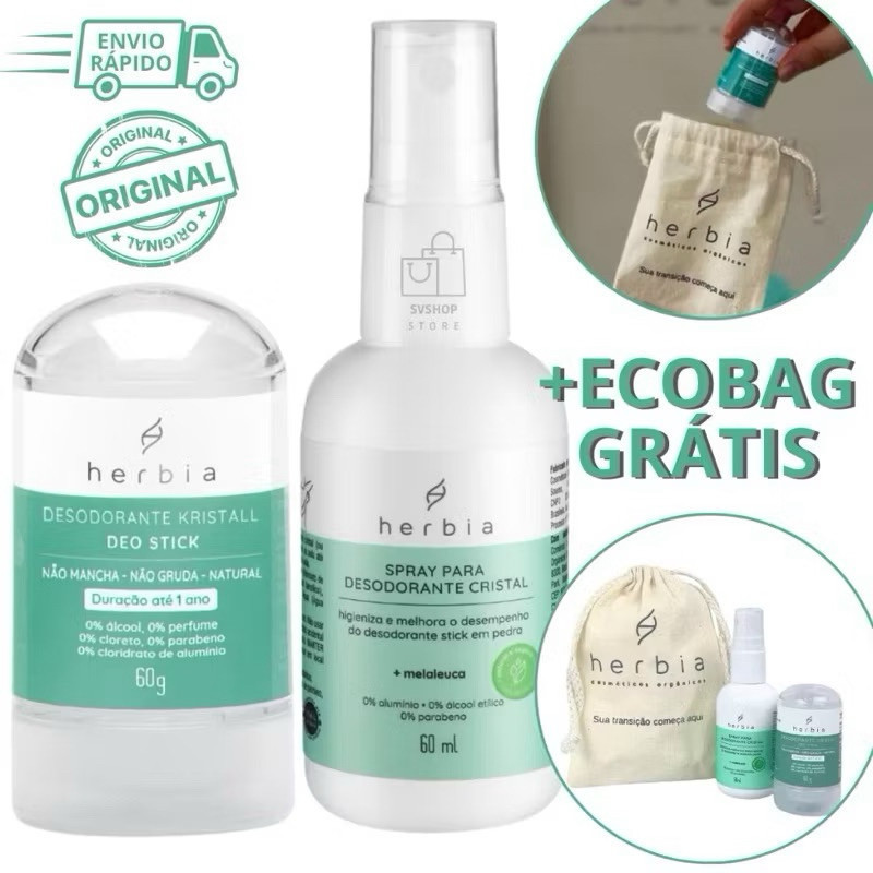 Kit Desodorante Em Pedra Cristal Herbia 60g + Spray Melaleuca Sem Alumínio Antisséptico