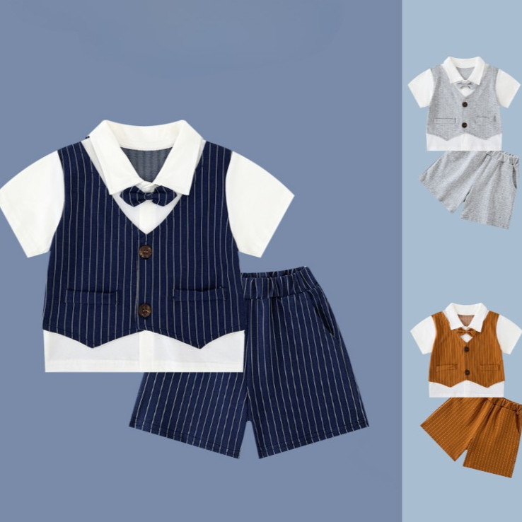 Conjunto De 2 Peças De Roupa Formal Para Bebê Menino Listra De Aniversário Colete Falso Camisa Polo Shorts Gravata Borbo