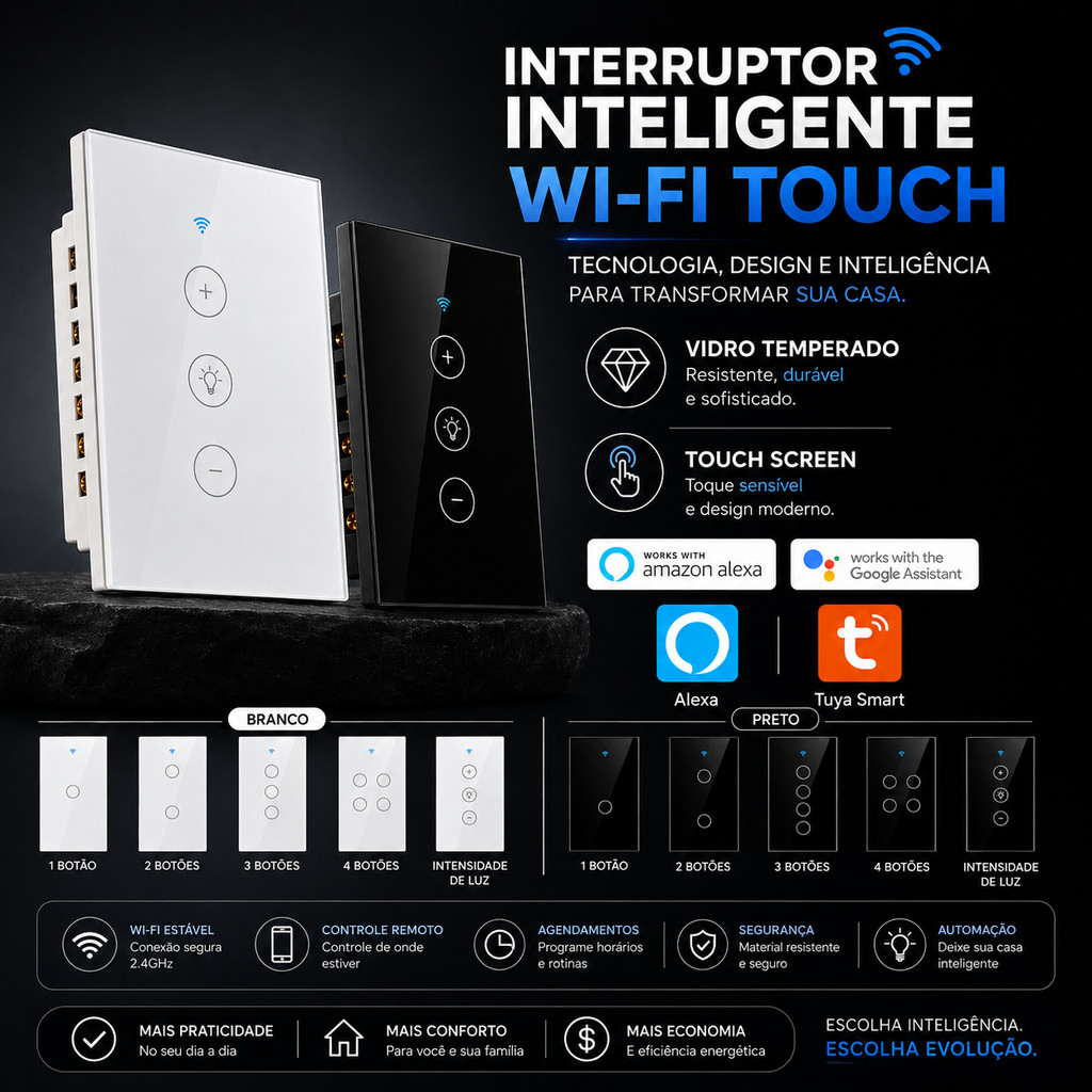 Interruptor Inteligente WiFi Touch Alexa Google Smart Life Preto Branco 1 2 3 4 Botões Intensidade