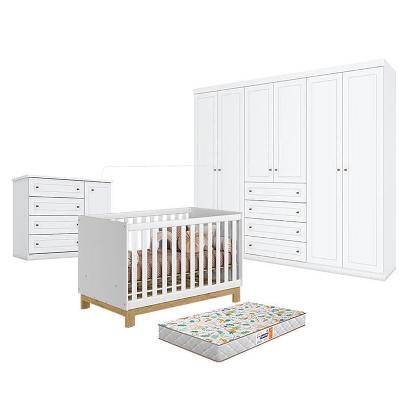 Quarto de Bebê 6 Portas com Berço Mini Cama Q Encanto Slim Branco Acetinado - Qmovi - Henn e Colchão Gazin
