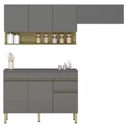 Armário de Cozinha 3 Peças Balcão com Tampo 150cm Lina15 K02 Gris/Freijó - Mpozenato
