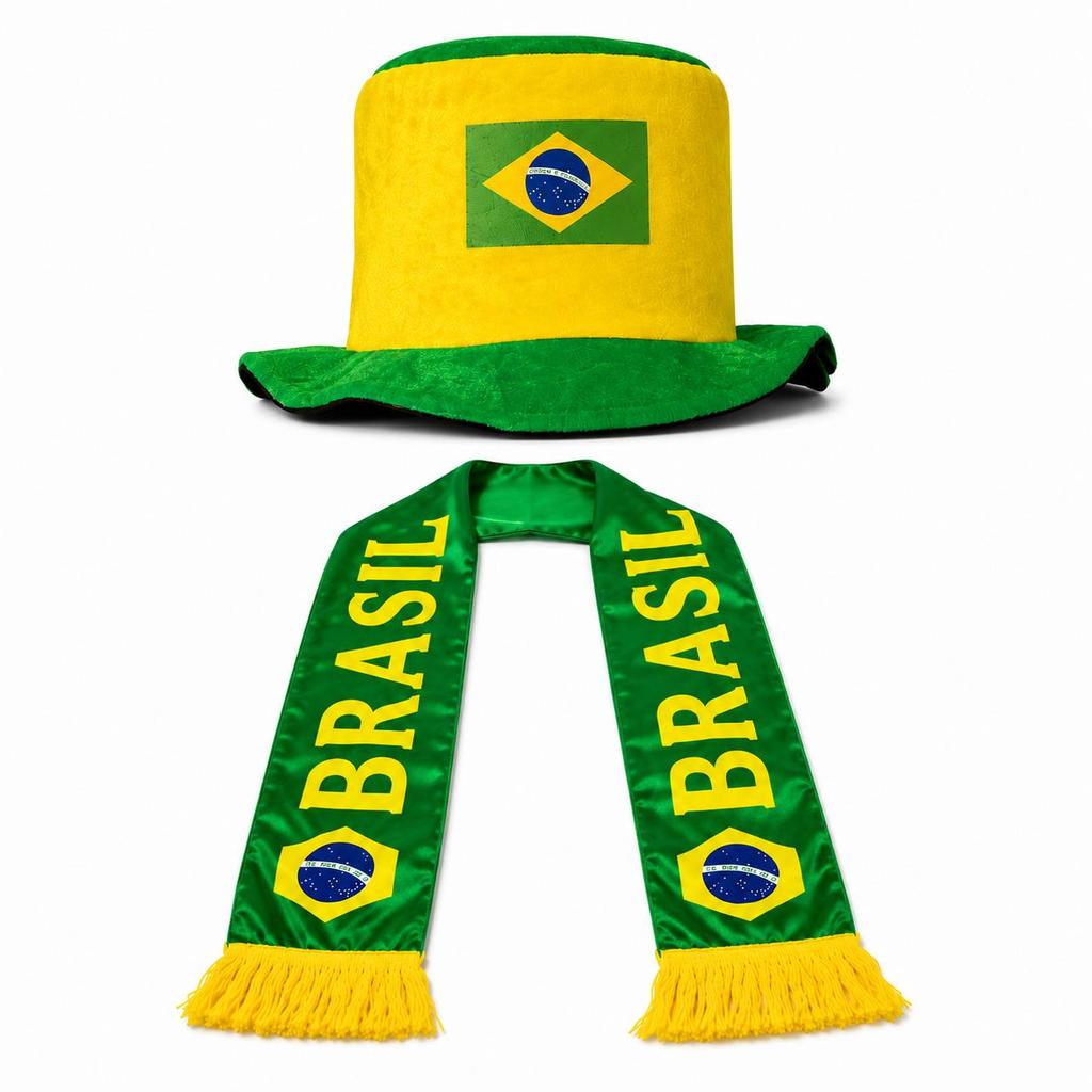Kit Torcedor Cartola Estampa Bandeira e Cachecol Cpa do mundo Torcedor Brasil