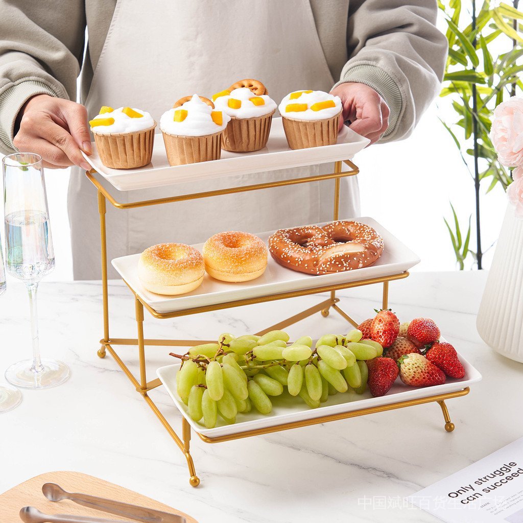 2026 novo estilo bolo cerâmica sobremesa suporte de três camadas bandeja de frutas Hotel sobremesa mesa Buffet expositor