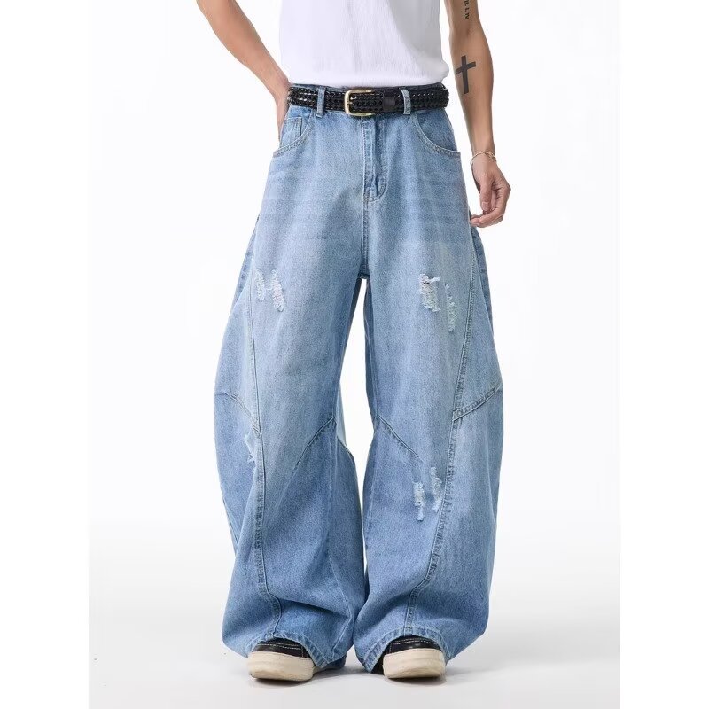 2025 Jeans masculino All-Match primavera novo estilo americano Retro High Street lavagem solto Machete rasgado calças Je