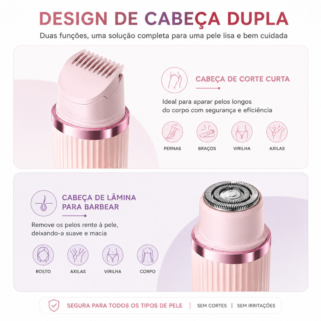 Depilador Elétrico Recarregável Feminino Masculino Aparador Íntimo Dupla Lâmina Sem Dor Bivolt USB