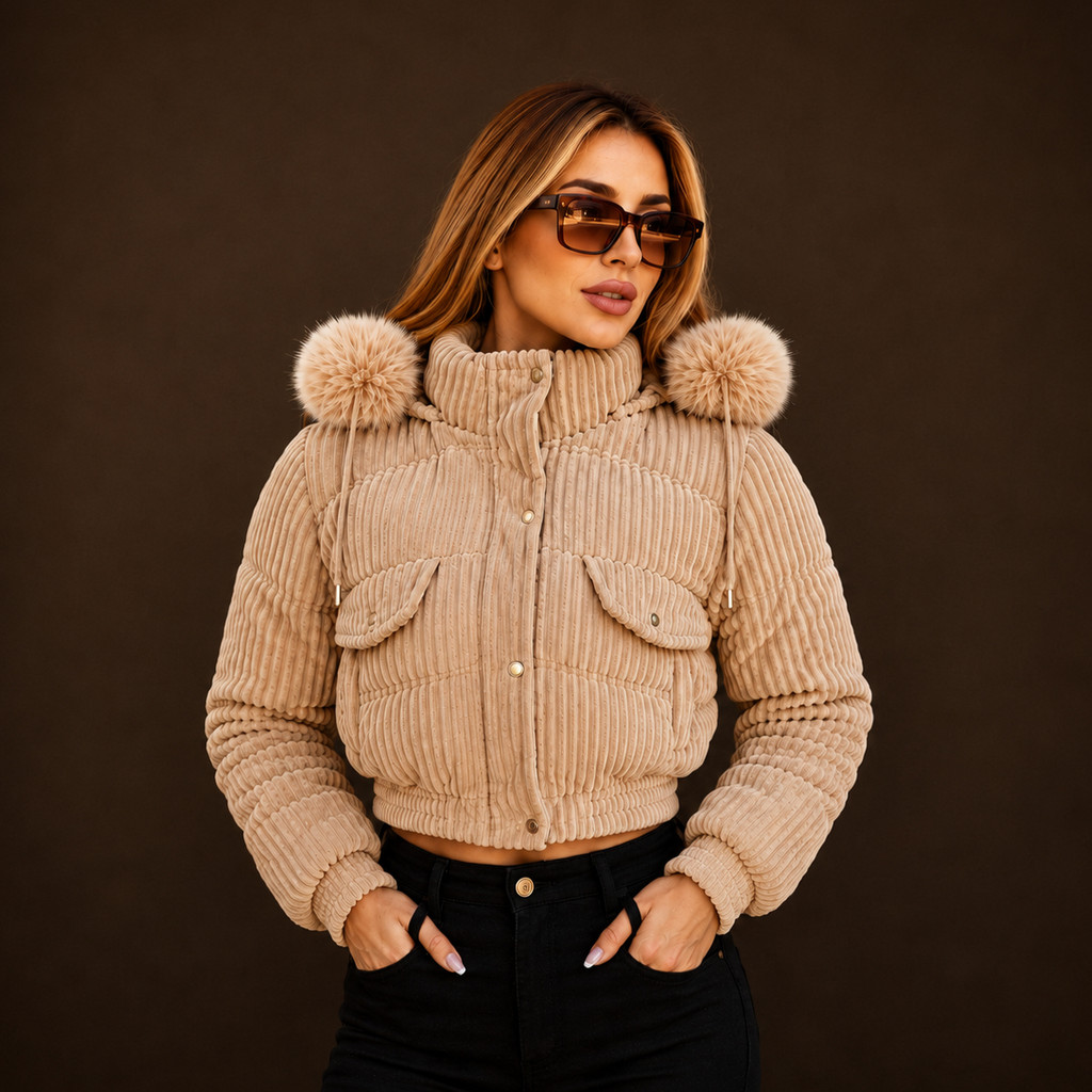 Jaqueta Cotele Casaco de Frio Inverno Veludo Puffer Confortável Peluciada Capuz Removível Macio
