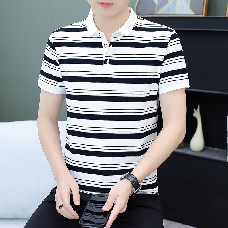 Camisa listrada masculina de manga curta camisa polo puro algodão fino-ajuste lapela camiseta verão Street Wear ins cami