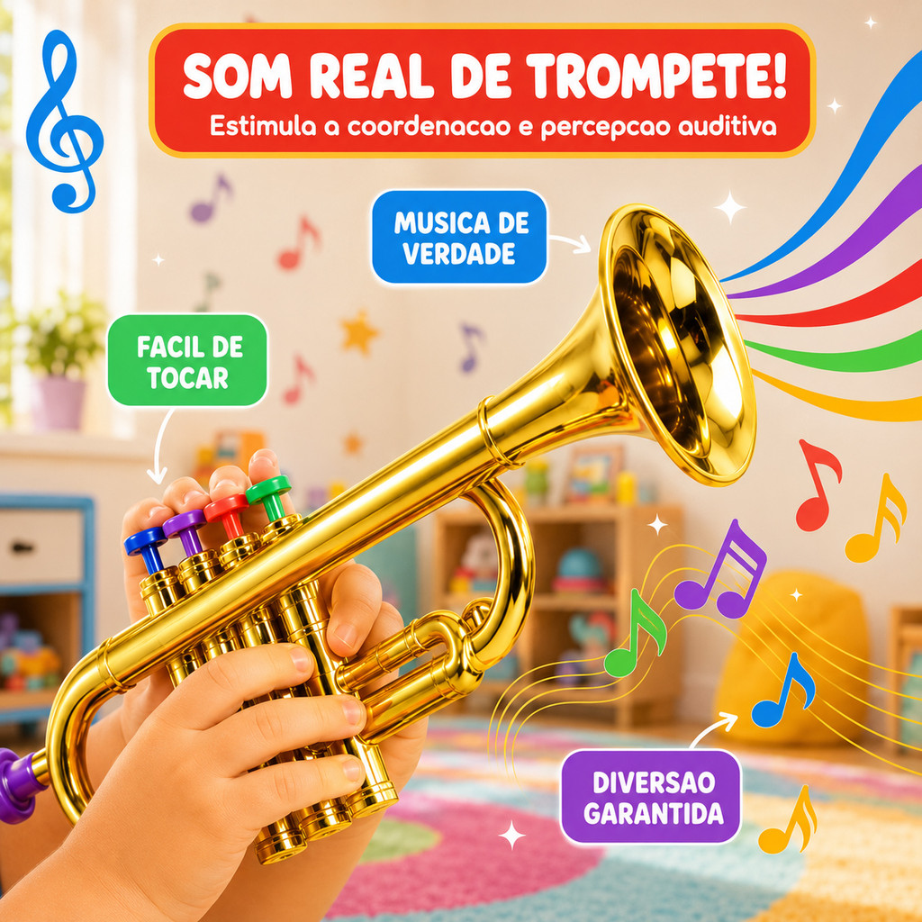 Trompete Infantil Dourado Com 4 Teclas Brinquedo Musical Toca De Verdade Para Crianças Kizumba · foto 2