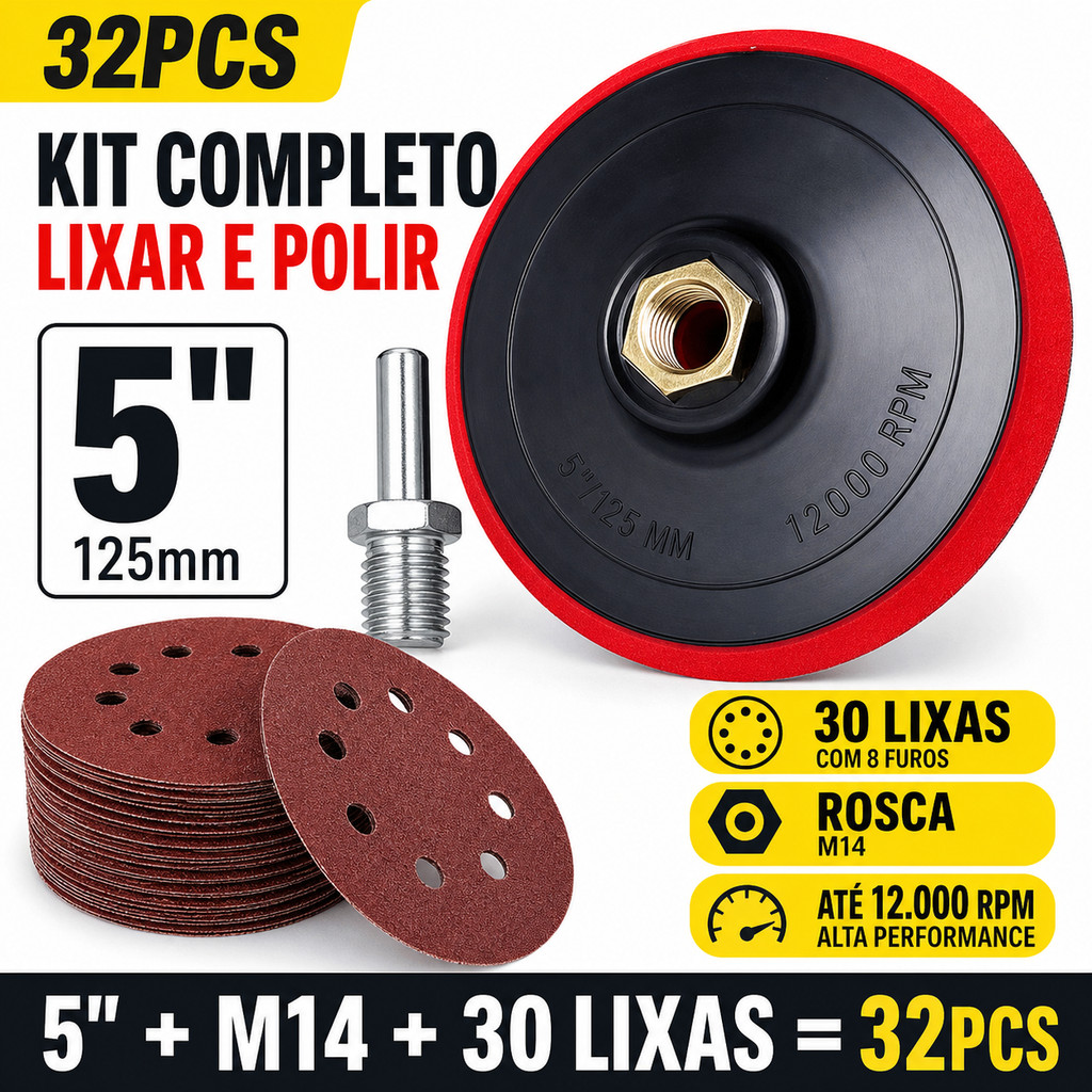 Kit 30 Discos Lixa 125mm Com Velcro Para Parede - Suporte Para Furadeira, Lixadeira E Esmerilhadeira