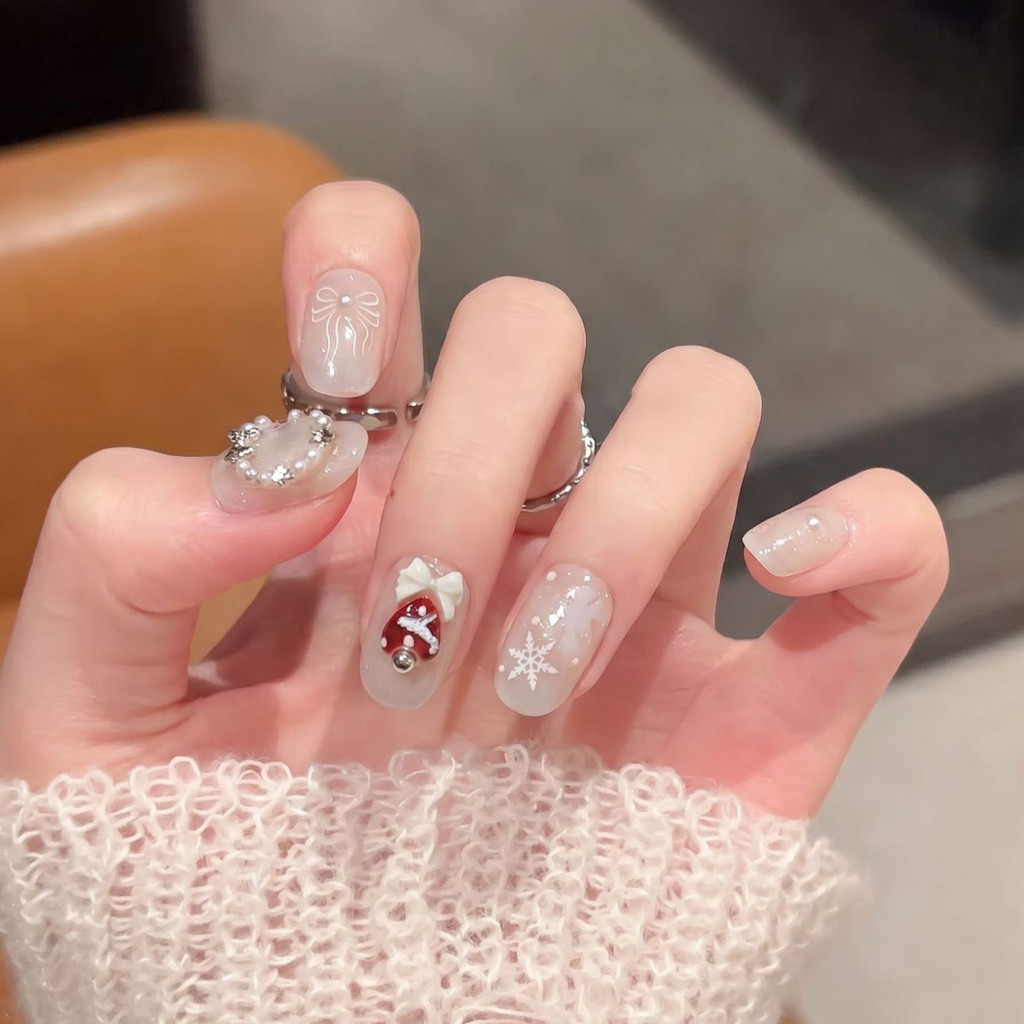 [FEITO À MÃO+Cola Grátis] Unhas Artificiais com Design de Guirlanda Colorida, Sinos, Floco de Neve e Olho de Gato, Unhas