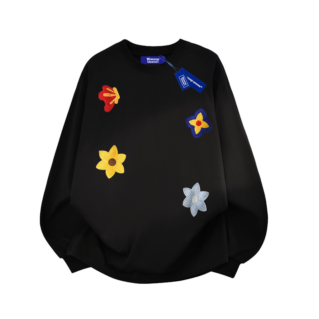 Algodão puro bordado flor de manga comprida camiseta masculino feminino estilo 2026 novo estilo primavera outono juventu