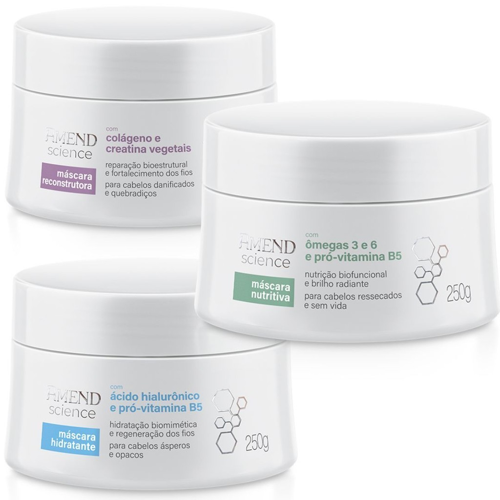 Kit Cronograma Capilar Amend Science 3 Máscaras 250g Cada – Hidratação + Nutrição + Reconstrução