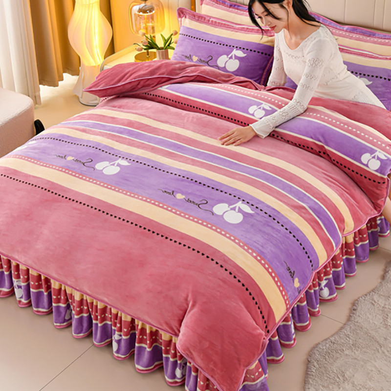 Inverno Coral velo conjunto de quatro peças leite velo engrossado cama saia estilo quente dupla face flanela lençol colc