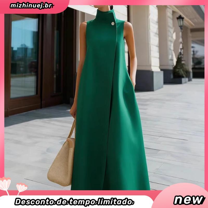 Splicing Detail Dress Soft Fabric Women Women’s Stand-up Collar Long A-line Maxi One Button Formal Business Office Wor