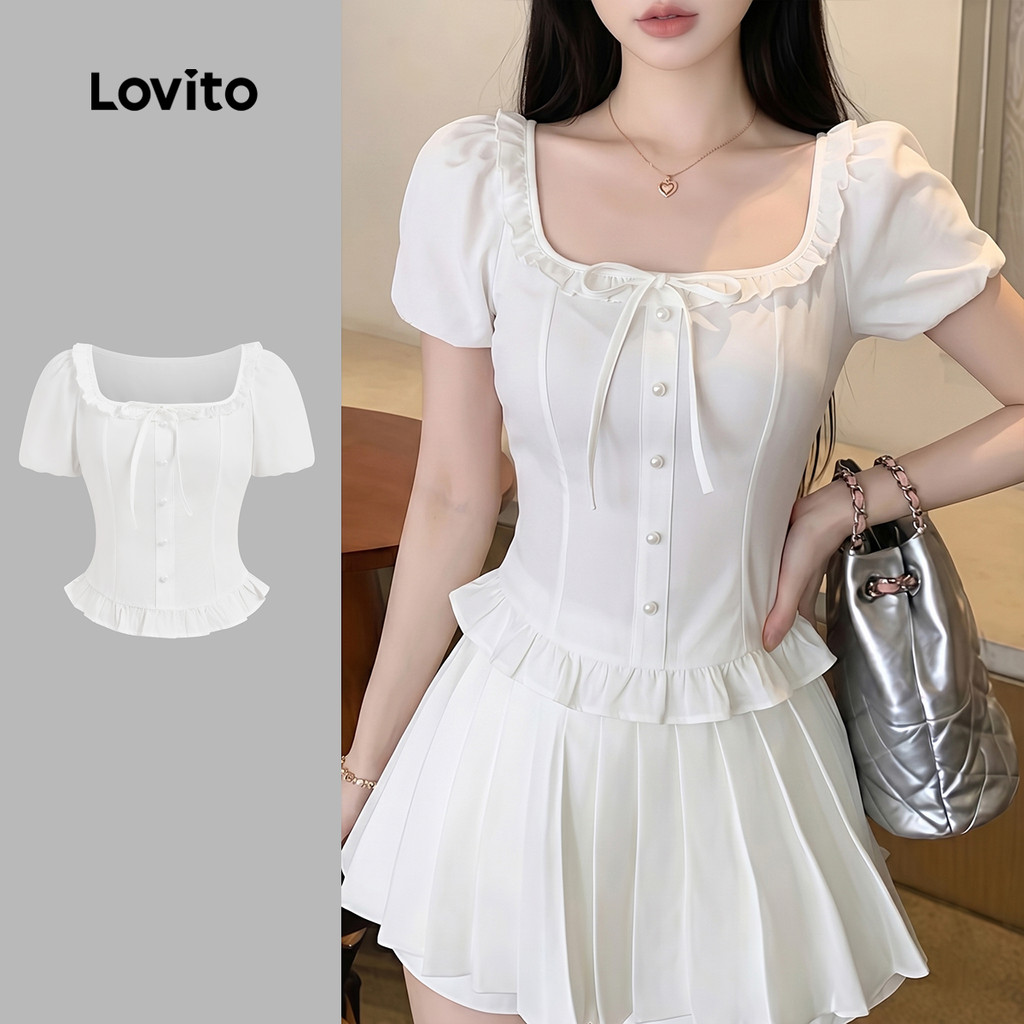 Lovito Blusa Casual de Renda com Botões e Renda Blusa Branca de Primavera/verão 