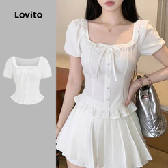 Lovito Blusa Casual de Renda com Botões Blusa Branca de Primavera/verão para Mulheres Bordado LK4ED822