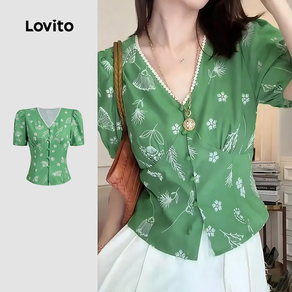 Lovito Blusa Casual Babado Decote Botão Padrão Primavera/verão Blusa Verde Claro