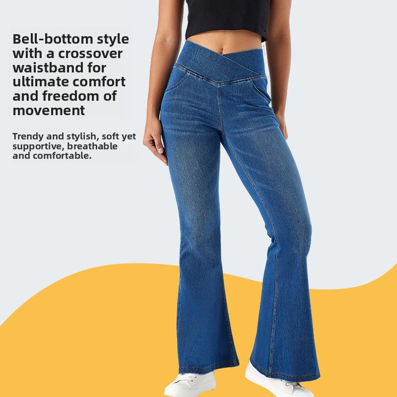 Novas calças jeans de yoga de cintura alta e alta elasticidade, com corte boca de sino, efeito emagrecedor e levanta-bum