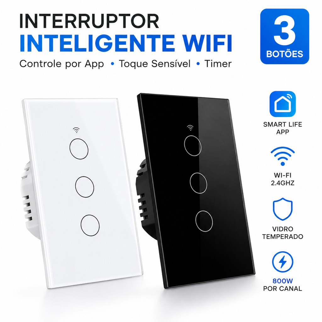 nterruptor Inteligente WiFi Touch 3 Botões Smart Life Alexa Google Timer 10A
