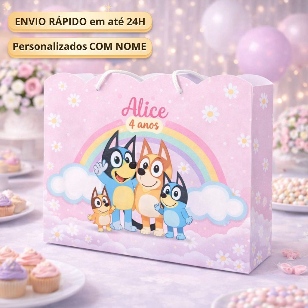 Sacolinha G Bluey e Pingo Rosa Menina Pegue Monte  Caixinha Lembrancinha Kit Festa Luxo Sacolinha Grande
