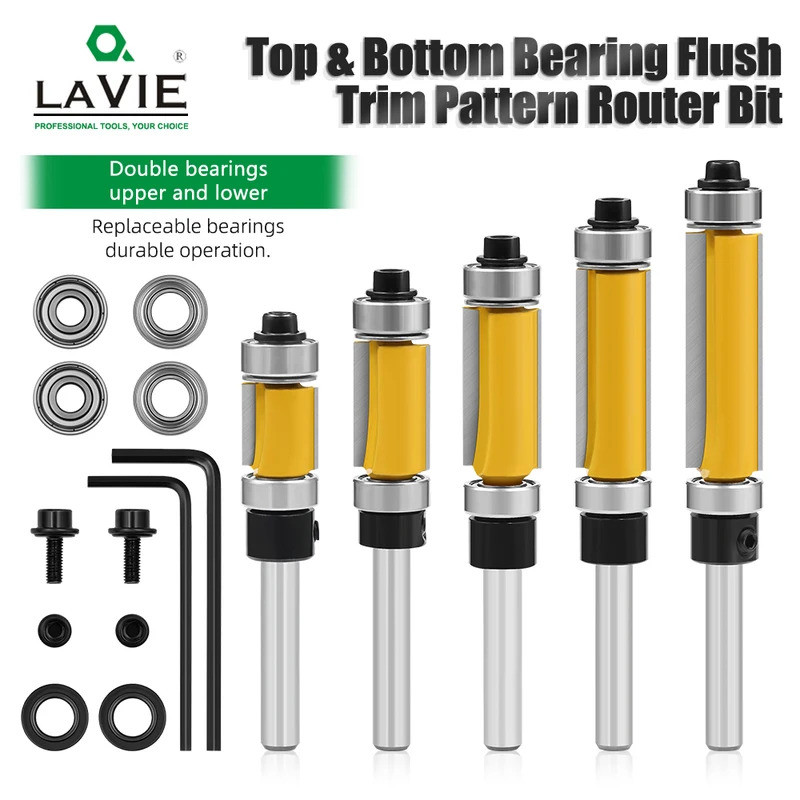 (Quente) LAVIE 1 Peça 1/4 6.35mm Rolamento Duplo Guarnição Reta Router Bit Faca De Corte Fresa Carboneto Flush Carpintar