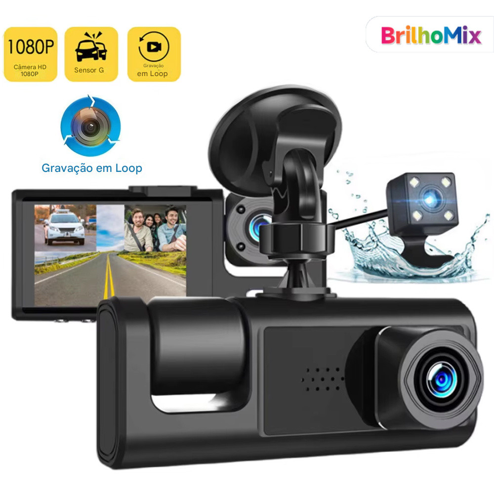 Câmera de Carro Tripla com Wi-Fi - Visão Frontal, Traseira e Interna em Full HD 1080P  Armaz 64GB