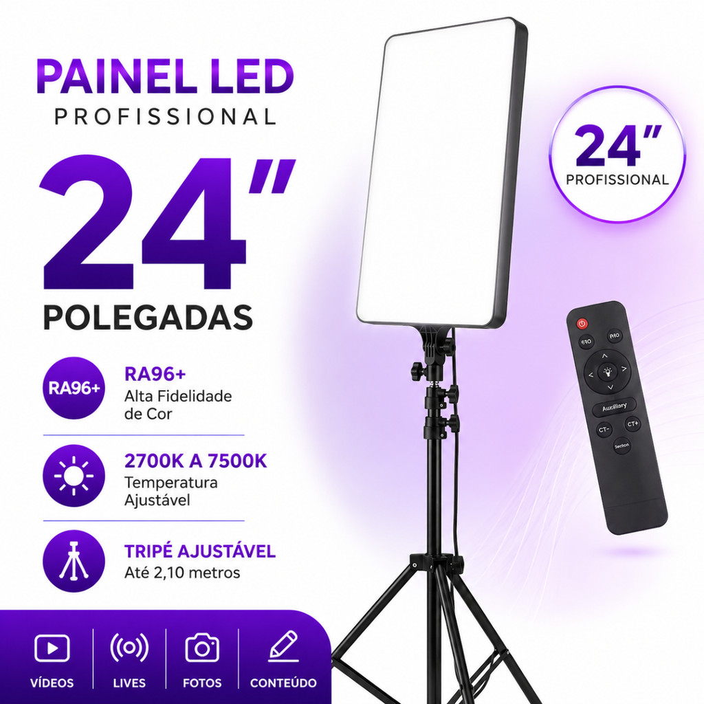 Ring Light Quadrada 24 Polegadas Iluminador Profissional Controle Remoto Tripé 2,1m Foto Vídeo
