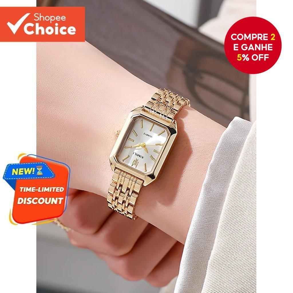 Relógio De Quartzo Feminino Retangular Dourado Elegante-Pulseira De Aço Com Mostrador Quadrado , Presente De Aniversário