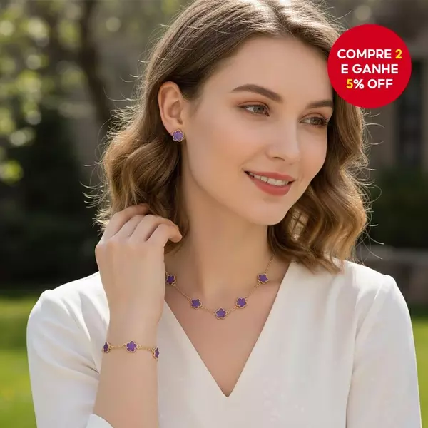 Conjunto De Joias De Trevo De 5 Folhas Da Sorte Feminino 3 Peças Colar Brincos Pulseira Presente