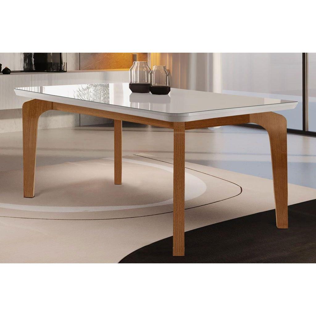Mesa de Sala Jantar Londrina c/ Tampo 180x90cm Madeirado Vidro Canto Curvo - Imbuia/Off White - Rufato
