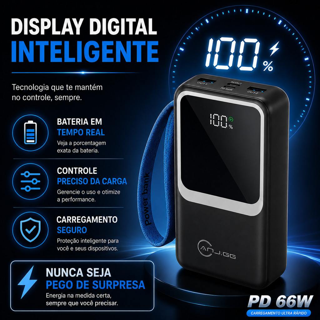 Power Bank Carregador Portátil 30000mah PD 66W Carregamento Rápido Tipo C Iphone