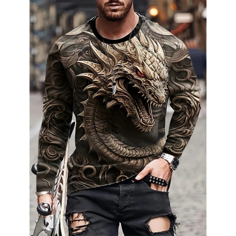 Camiseta Masculina De Manga Comprida Com Estampa De Dragão 3D Casual Four Seasons Daily Street Fashion