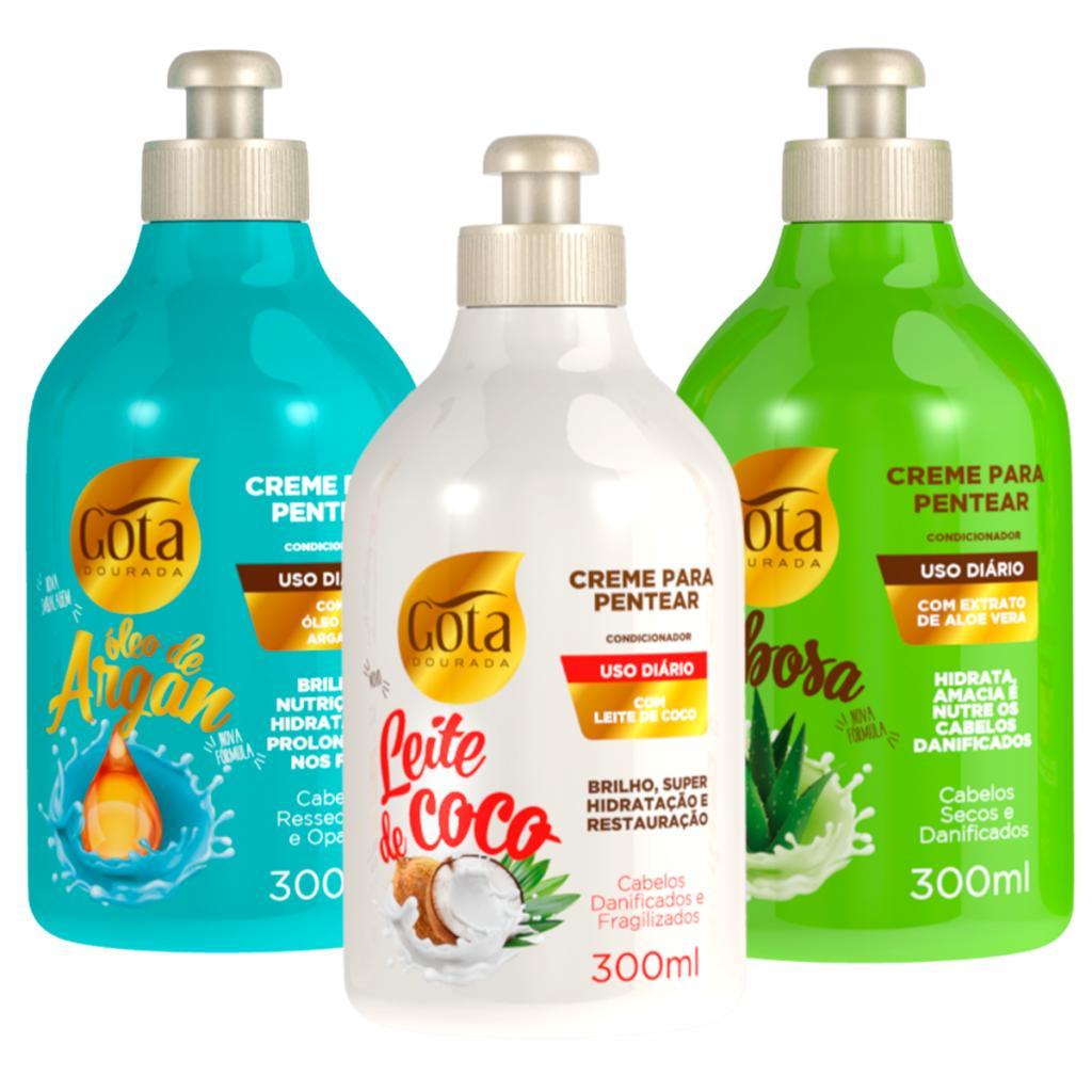 Kit Gota Dourada Trio Creme de Pentear Babosa + Argan + Leite de Coco 300ml